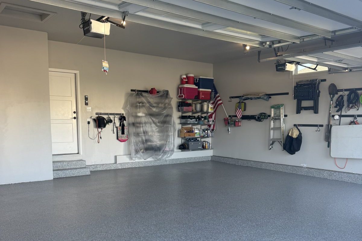 Organized garage with polyaspartic floor